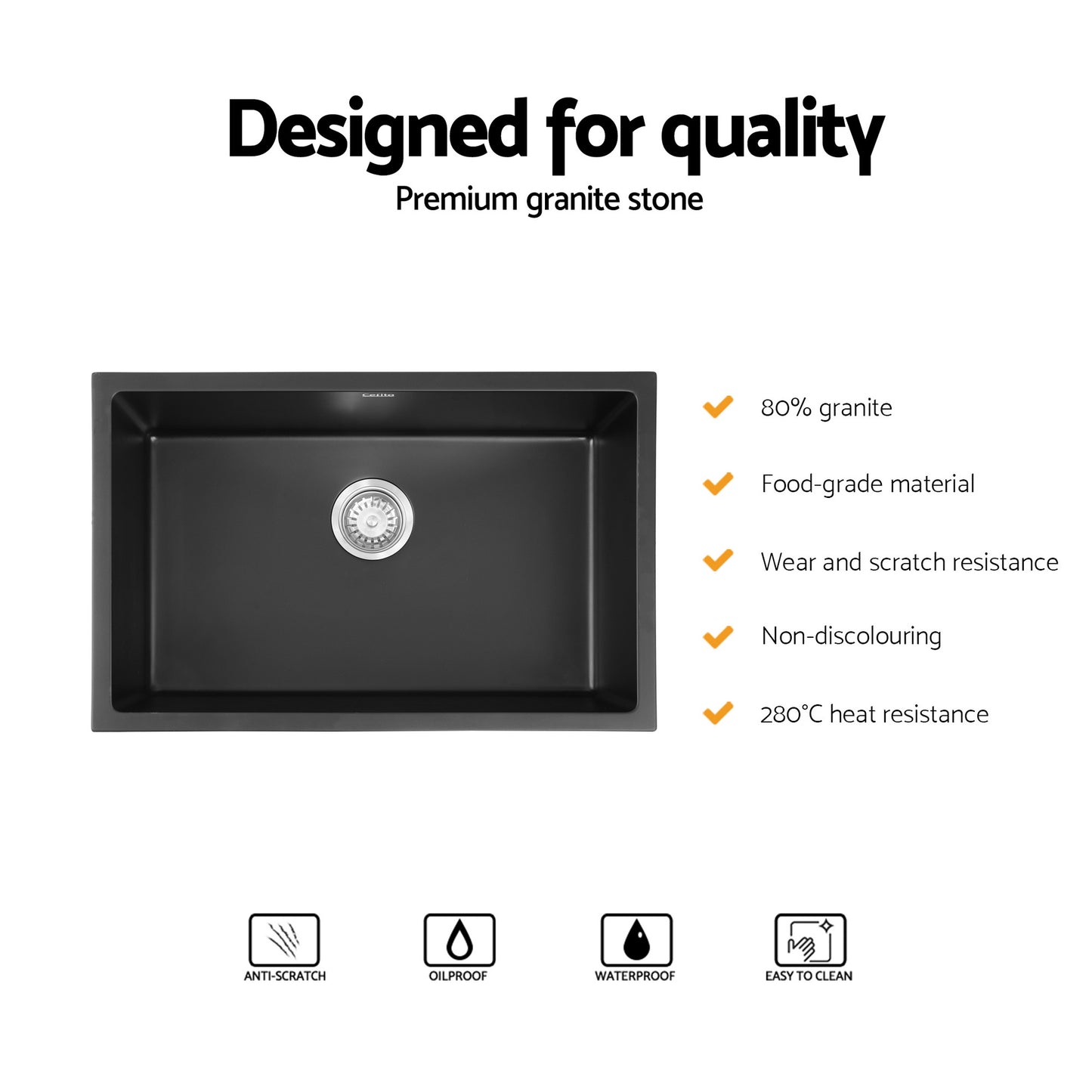 Kitchen Sink 70x45cm Granite Stone Sink Single Bowl Black
