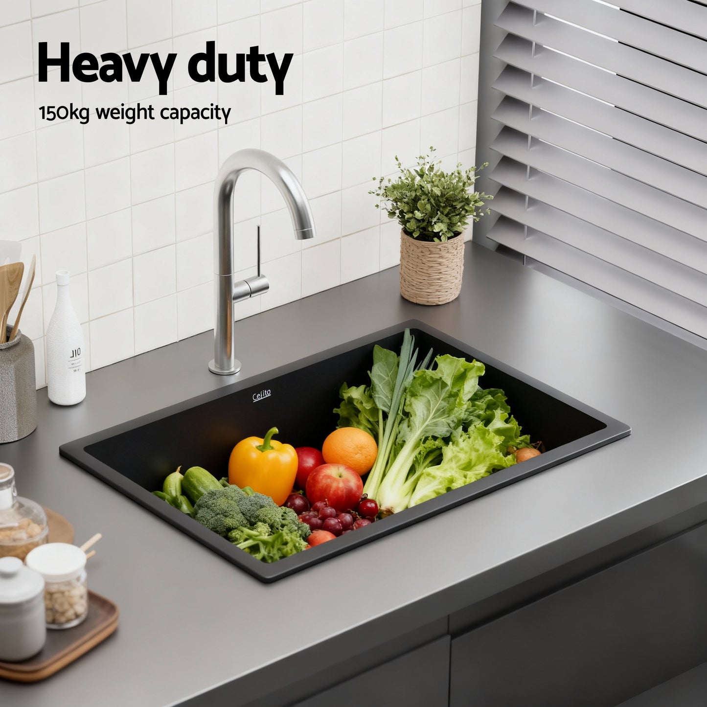 Kitchen Sink 70x45cm Granite Stone Sink Single Bowl Black