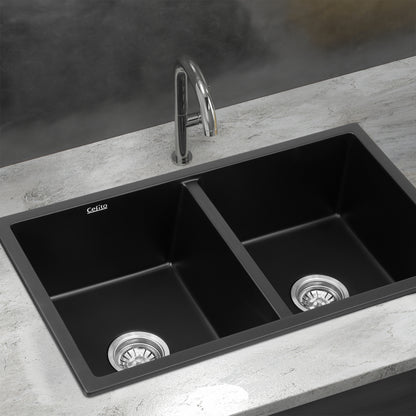 Kitchen Sink 77x45cm Granite Stone Sink Double Bowl Black