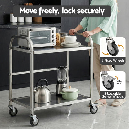 2-Tier Stainless Steel Kitchen Trolley with Wheels 84x56x98cm