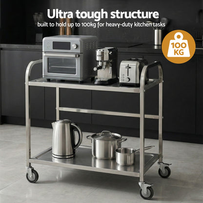 2-Tier Stainless Steel Kitchen Trolley with Wheels 84x56x98cm