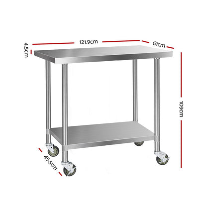 1219x610mm Stainless Steel Kitchen Bench with Wheels 304