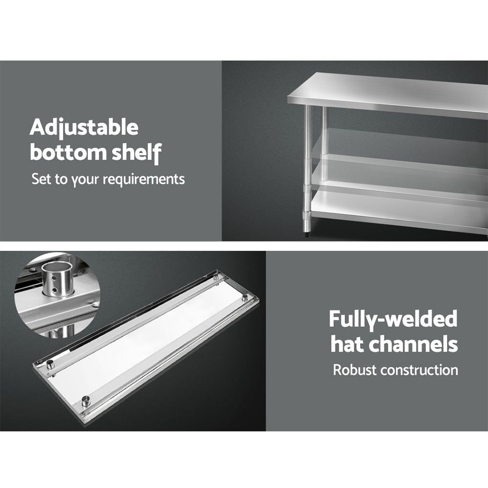 1829x610mm Stainless Steel Kitchen Bench with Wheels 304