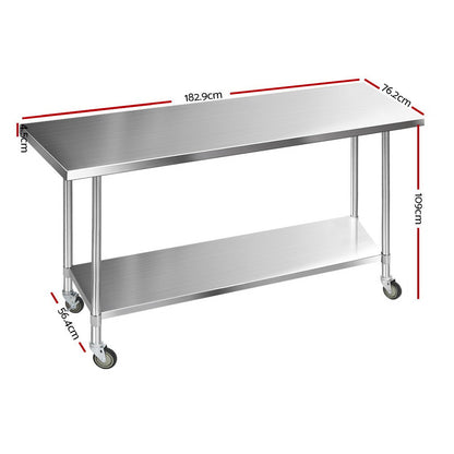 1829x760mm Stainless Steel Kitchen Bench with Wheels 430