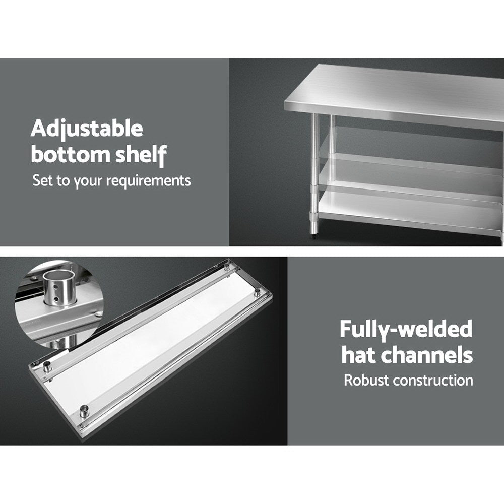 1829x760mm Stainless Steel Kitchen Bench with Wheels 430