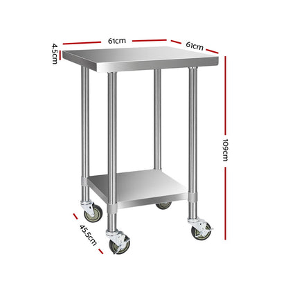 610x610mm Stainless Steel Kitchen Bench with Wheels 430