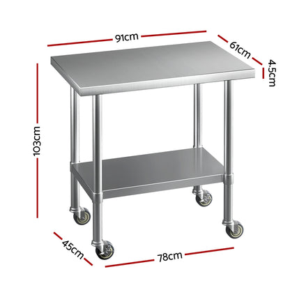 Stainless Steel Kitchen Benches Work Bench Wheels 91X61CM 430