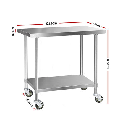 1219x610mm Stainless Steel Kitchen Bench with Wheels 430