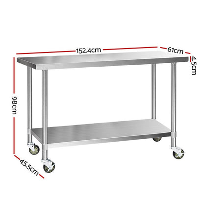 1524x610mm Stainless Steel Kitchen Bench with Wheels 430