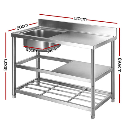 Stainless Steel Kitchen Bench Work Table with Sink Splashback 120cm