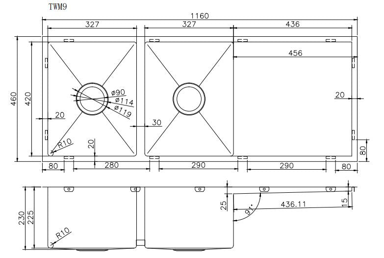 1160x460x230mm Gun Metal Grey 3mm Handmade Top/Undermount Double Bowls Kitchen Sink