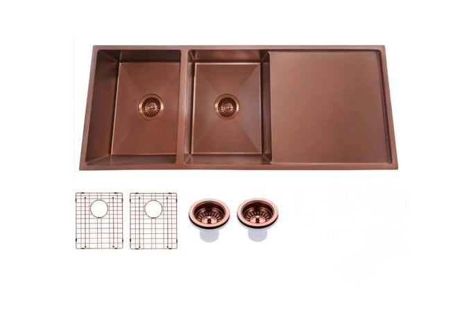1160x460x230mm Rose Gold PVD 3mm Handmade Top/Undermount Double Bowls Kitchen Sink