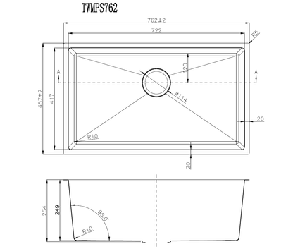 762x457x254mm 1.2mm Handmade Top/Undermount Single Bowl Kitchen Sink 304 Stainless Steel