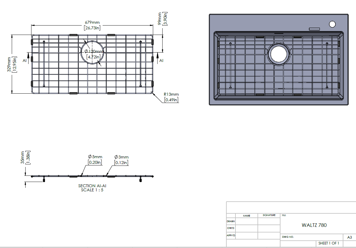 Stainless Steel Chrome Sink Grid for Carysil Waltz 780