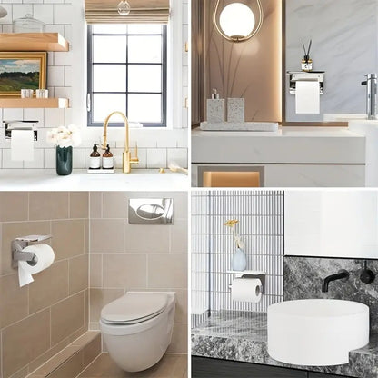 (True color)  1pc Toilet Paper Holder with Shelf, Bathroom Tissue Storage Rack, Wall-Mounted Paper Towel Dispenser, Stainless Steel Bathroom Paper Holder, Bathroom Accessory