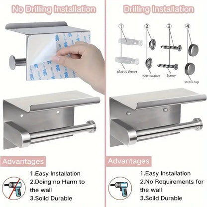 (True color)  1pc Toilet Paper Holder with Shelf, Bathroom Tissue Storage Rack, Wall-Mounted Paper Towel Dispenser, Stainless Steel Bathroom Paper Holder, Bathroom Accessory