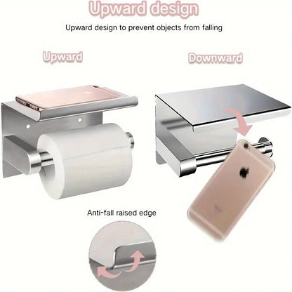 (True color)  1pc Toilet Paper Holder with Shelf, Bathroom Tissue Storage Rack, Wall-Mounted Paper Towel Dispenser, Stainless Steel Bathroom Paper Holder, Bathroom Accessory