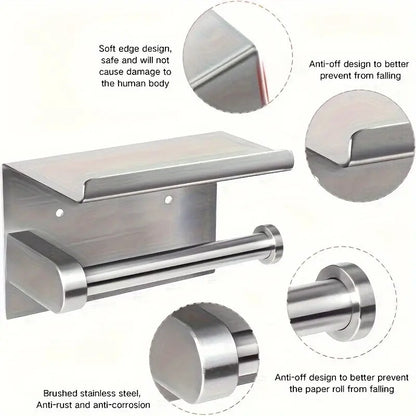 (True color)  1pc Toilet Paper Holder with Shelf, Bathroom Tissue Storage Rack, Wall-Mounted Paper Towel Dispenser, Stainless Steel Bathroom Paper Holder, Bathroom Accessory