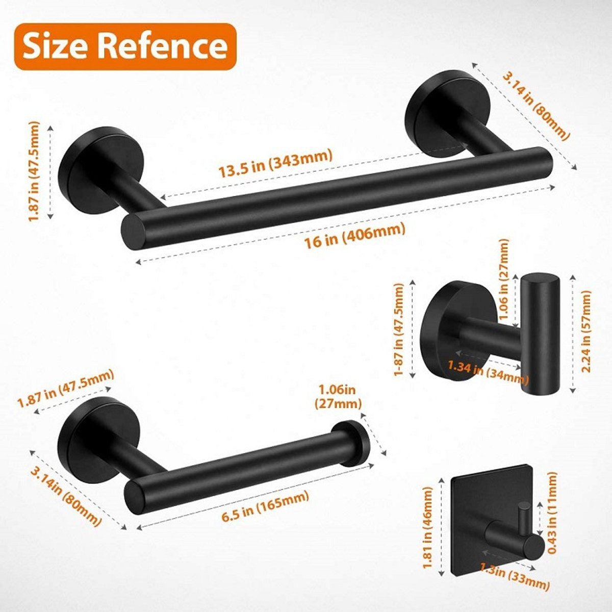 5-piece Towel Rail Set – 304 Stainless Steel, Black, Bathroom