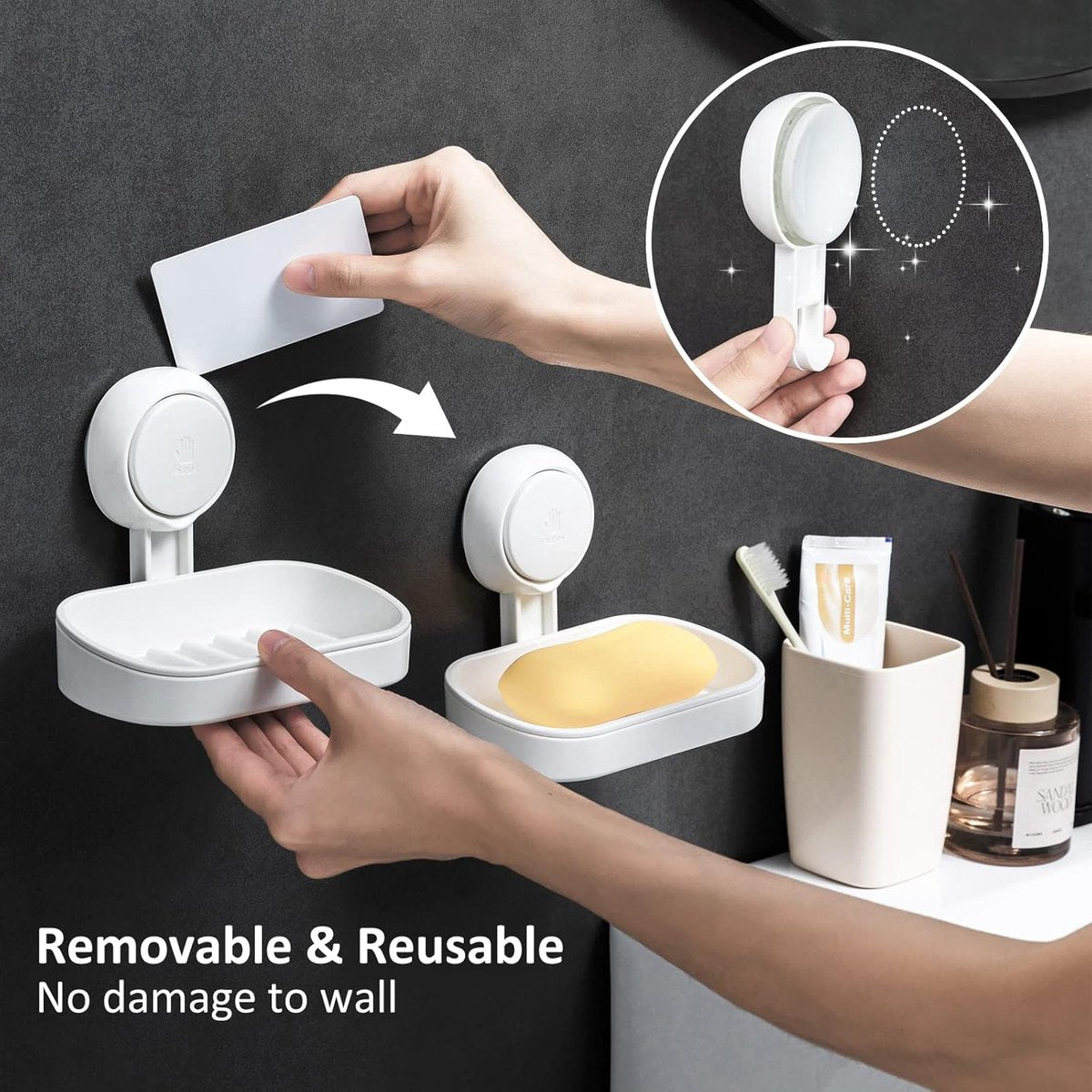 Soap Dish with Suction Cup - Soap Holder - Removable - Bathroom Accessories - 2 Layers - Hanging or Standing - Soap Dish - Soap Holders - Soap - Hanging Soap Holder Without Drilling - Small Soap Dish & Shampoo Bar Holder - Shower - Bathroom - Kitchen - Wh