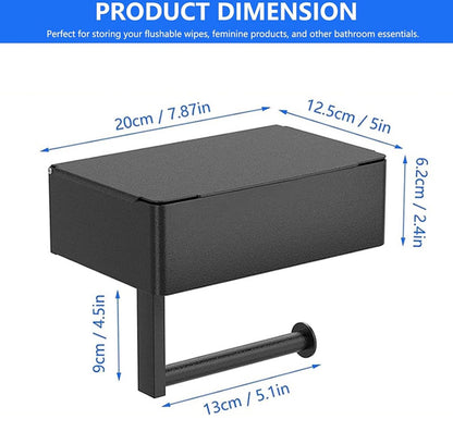Toilet Roll Holder - Toilet Roll Holder with Shelf - Toilet Paper Holder - Small Shelf & Tray - Shelf Storage Space - Self-Adhesive or Drill-Removed - Bathroom Accessories - Water Resistant - Black