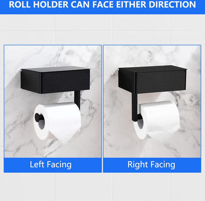 Toilet Roll Holder - Toilet Roll Holder with Shelf - Toilet Paper Holder - Small Shelf & Tray - Shelf Storage Space - Self-Adhesive or Drill-Removed - Bathroom Accessories - Water Resistant - Black