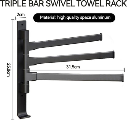 Towel Rack - 3-Arm Towel Holder - Towel Bar - Towel Rack - Towel Ladder - Towel Bar - 180 Degree Adjustable - For Bathroom/Kitchen - No Drilling Required - Self-Adhesive - Wall Drying Rack - Bathroom - Rotatable - Metal - Black