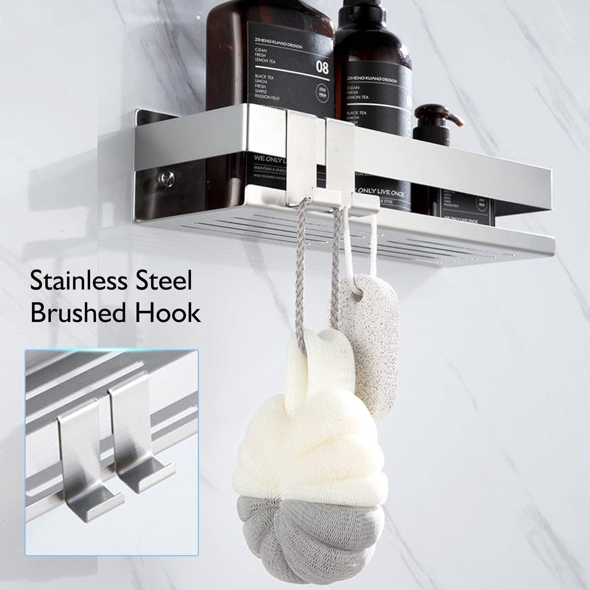 Stainless Steel Shower Rack - No Drilling Required - Wall Rack - Shower Rack - Shower Rack - Self-adhesive Shower Basket - Small Wall Rack - With Perfect Grip - Bathroom Shelf - with 2 Hooks - Bathroom Rack Shelf - Shower Basket 22 cm - Silver