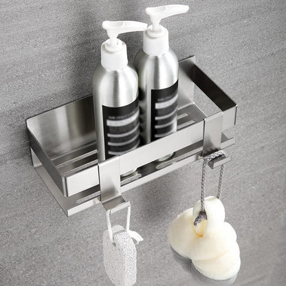 Stainless Steel Shower Rack - No Drilling Required - Wall Rack - Shower Rack - Shower Rack - Self-adhesive Shower Basket - Small Wall Rack - With Perfect Grip - Bathroom Shelf - with 2 Hooks - Bathroom Rack Shelf - Shower Basket 22 cm - Silver