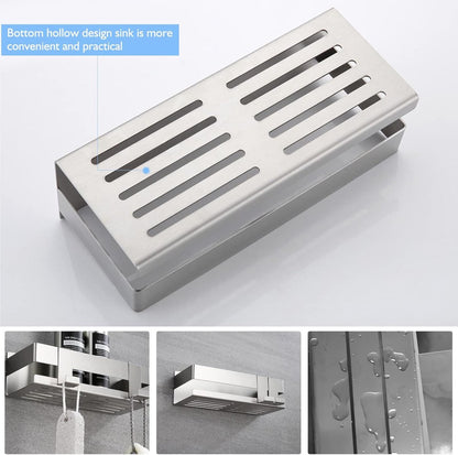 Stainless Steel Shower Rack - No Drilling Required - Wall Rack - Shower Rack - Shower Rack - Self-adhesive Shower Basket - Small Wall Rack - With Perfect Grip - Bathroom Shelf - with 2 Hooks - Bathroom Rack Shelf - Shower Basket 22 cm - Silver