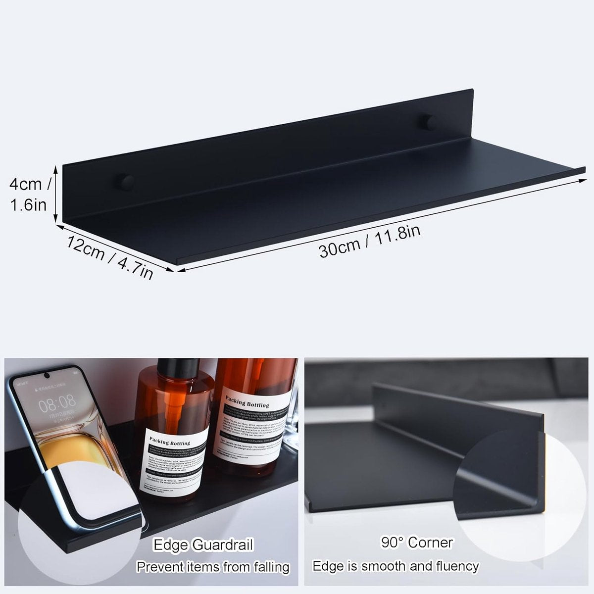 Bathroom Shelf - Wall-Mounted Shower Shelf - 2 Pieces - Soap Holder - Shelf - Modern Design Wall Shelves 30 cm - Bathroom Rack - Organizer - Metal Wall Shelf - Shower Shelf - for Bathroom, Living Room, Kitchen, Office - Shampoo Rack - Black