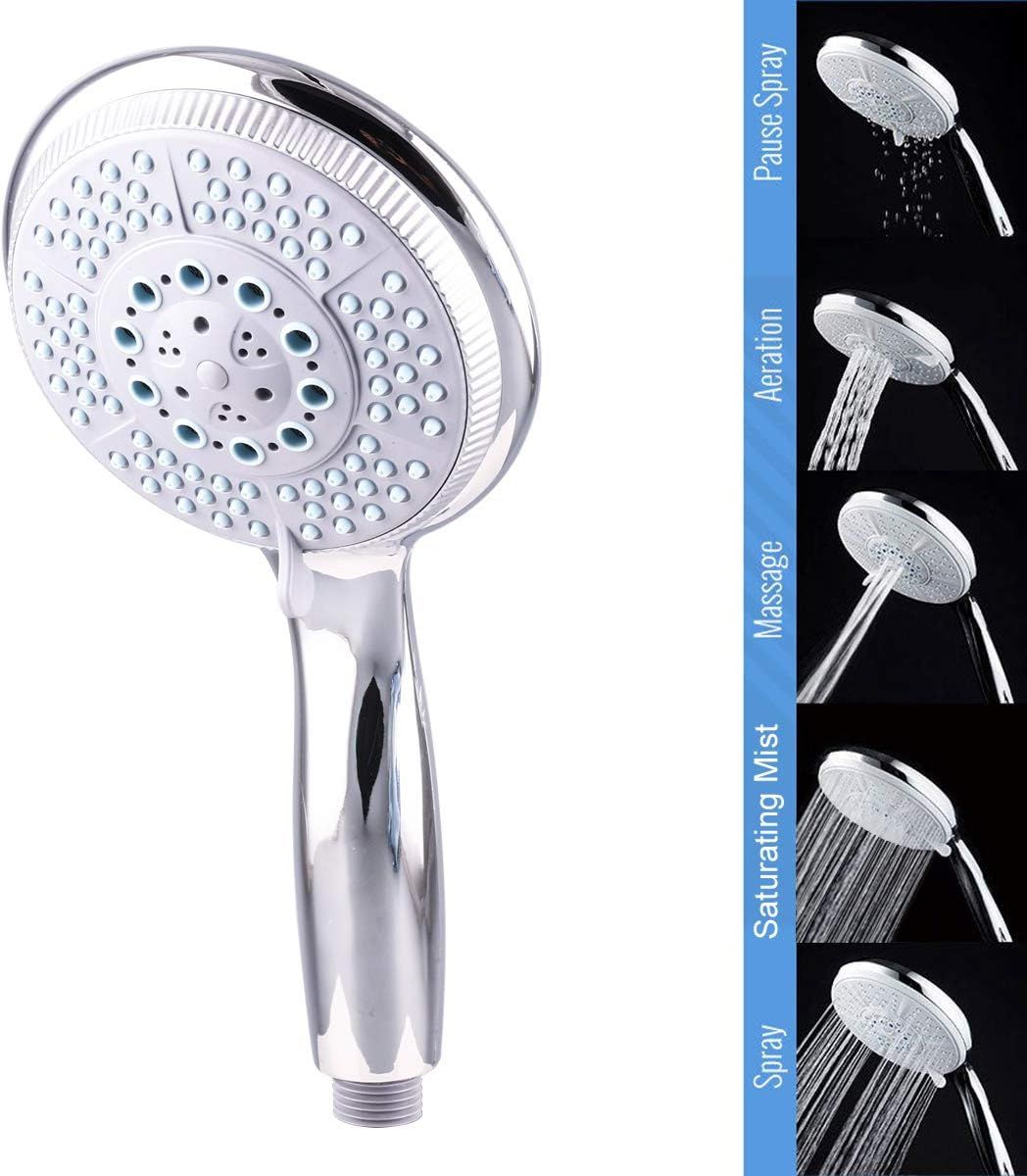 High Pressure Shower Head with 5 Spray Modes Adjustable Powerful Shower Head, Universal Shower Head for Bath, 1/2 Inch Interface, Chrome Finish