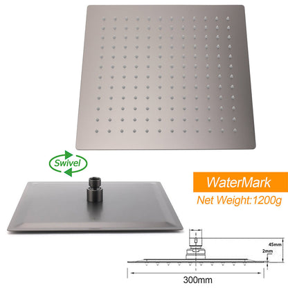 Gun Metal Square 12" Rainfall Shower Head 300mm Ceiling Dropper Arm Bath Set WELS