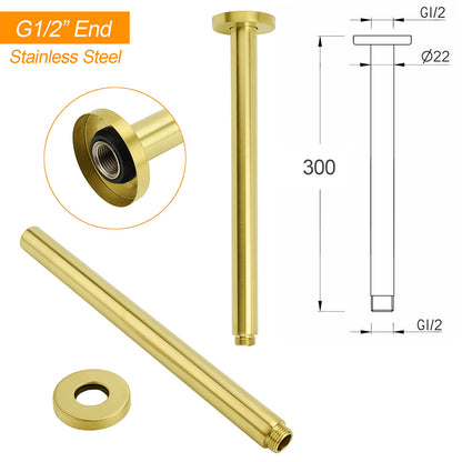 WELS 10" Round Stainless Steel Shower Head Extension Ceiling Arm Set Brushed Gold
