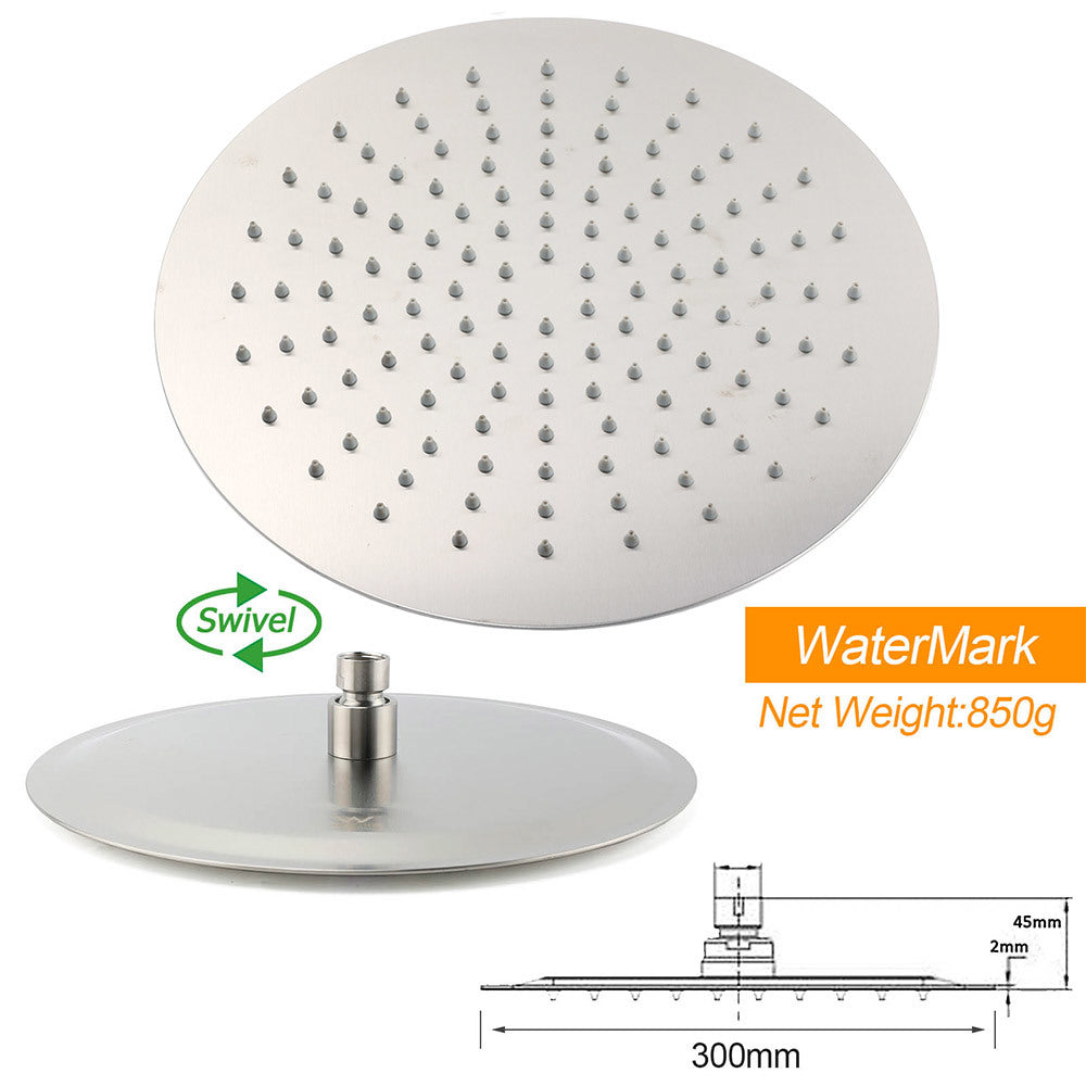 Brushed Nickel Round 12" Shower Rain Head + 300mm Brass Ceiling Dropper Arm Set