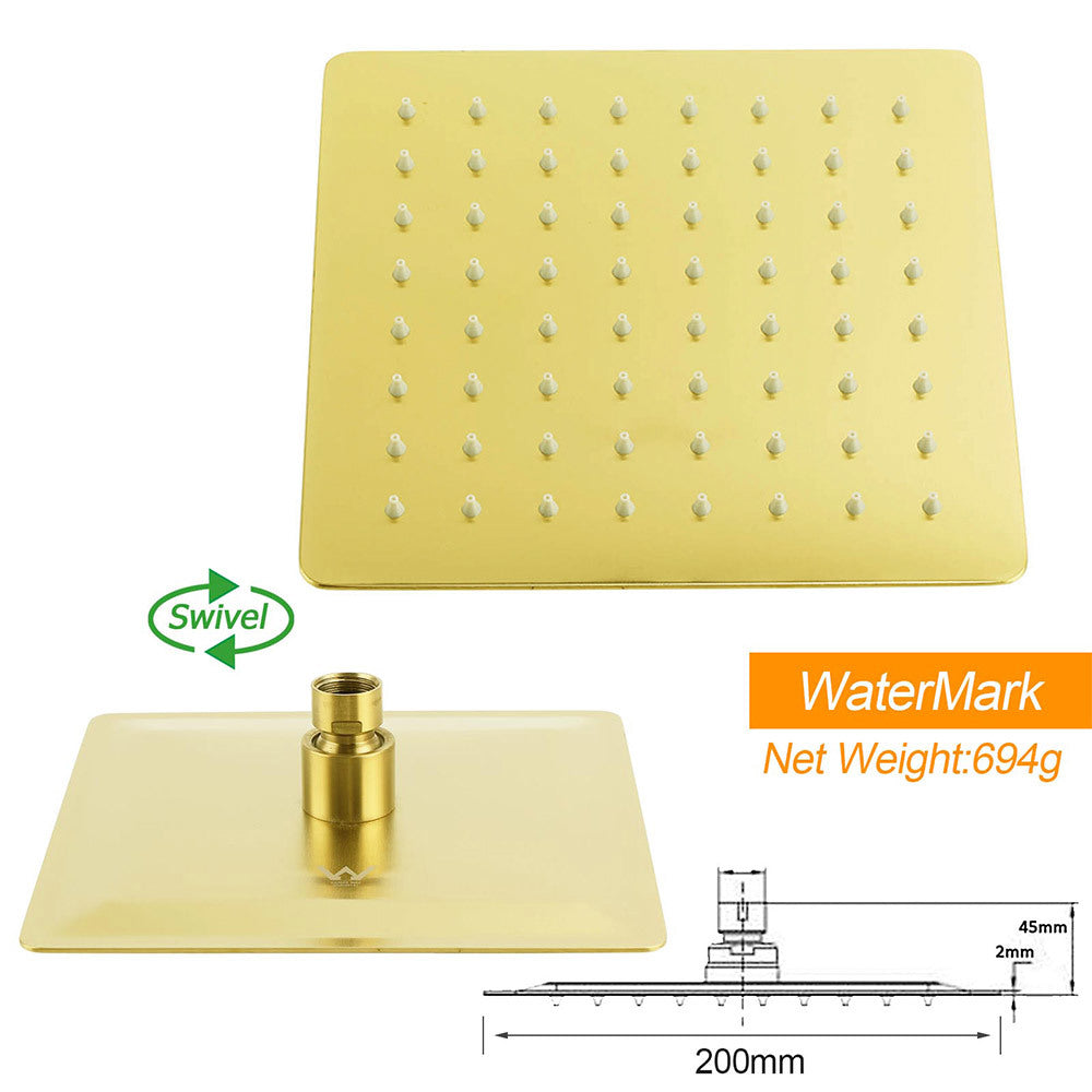 WELS Brushed Gold Square 8" Slim Rain Shower Head Brass Wall Gooseneck Arm Set