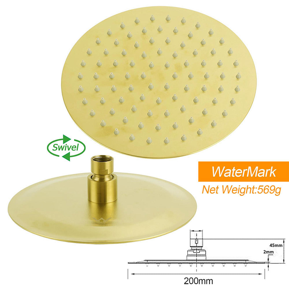 WELS Brushed Gold 8" Round Shower Head Brass 360º Swivel Gooseneck Wall Arm Set