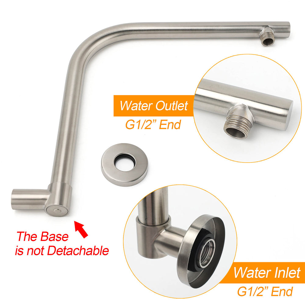 Brushed Nickel 12" Round Rainfall Shower Head 360°Swivel Gooseneck Wall Arm Set