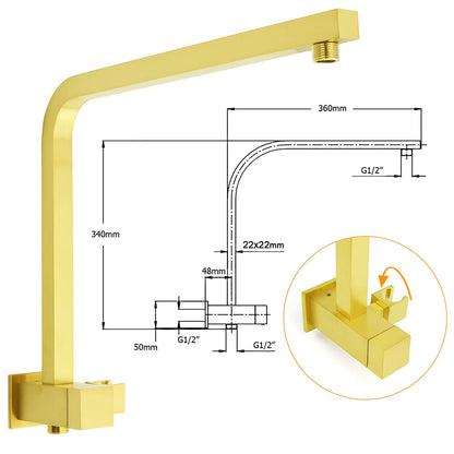Brushed Gold Twin Shower 10" Rain Head Handheld Diverter Wall Arm Set Square Taps