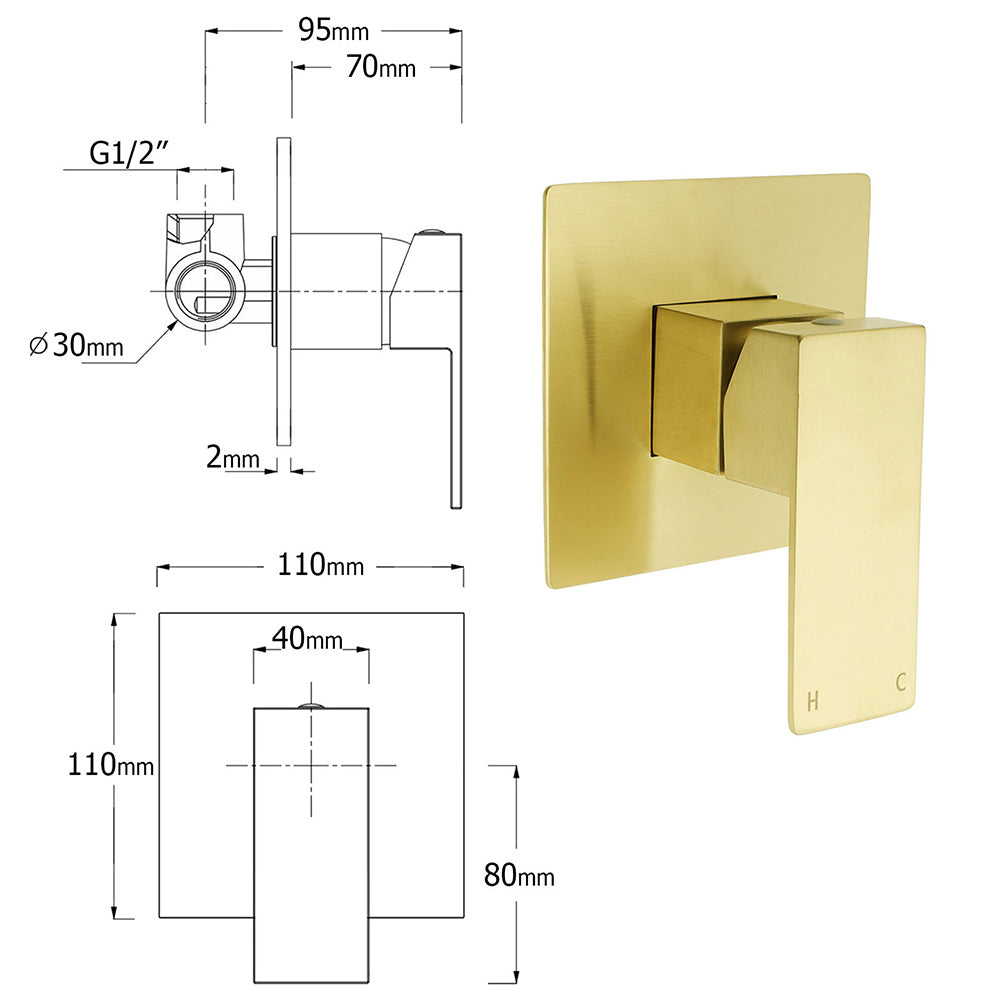 Brushed Gold Twin Shower 10" Rain Head Handheld Diverter Wall Arm Set Square Mixer