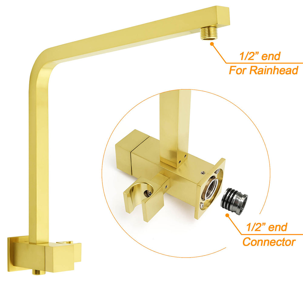 Brushed Gold Twin Shower 12" Rain Head Handheld Diverter Gooseneck Arm Set Square Wall Mixer