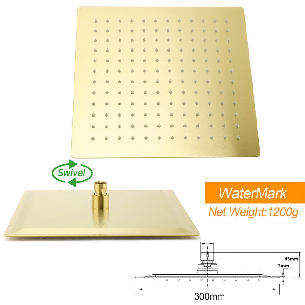 Brushed Gold Twin Shower 12" Rain Head Handheld Diverter Gooseneck Arm Set Square Wall Mixer