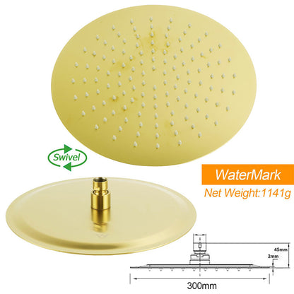 Brushed Gold Round 12" Rain Shower Head 3 Mode Handheld Diverter Wall Arm Set