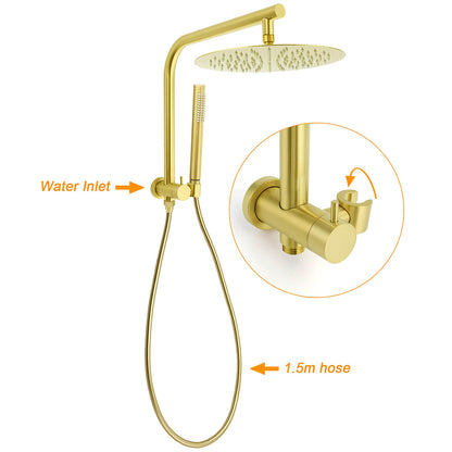 Brushed Gold Round Large 12" Rain Shower Head One Spray Handheld Rose Gooseneck Arm Twin Taps Set