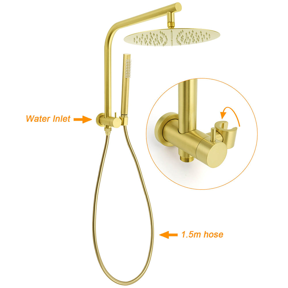 Brushed Gold Round Large 12" Rain Shower Head Stainless Steel Spray Handheld Wall Small Face Mixer Set