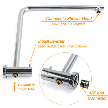 250mm Rain Shower Head Round Handheld Sliding Rail Diverter Arm 2in1 Set Chrome