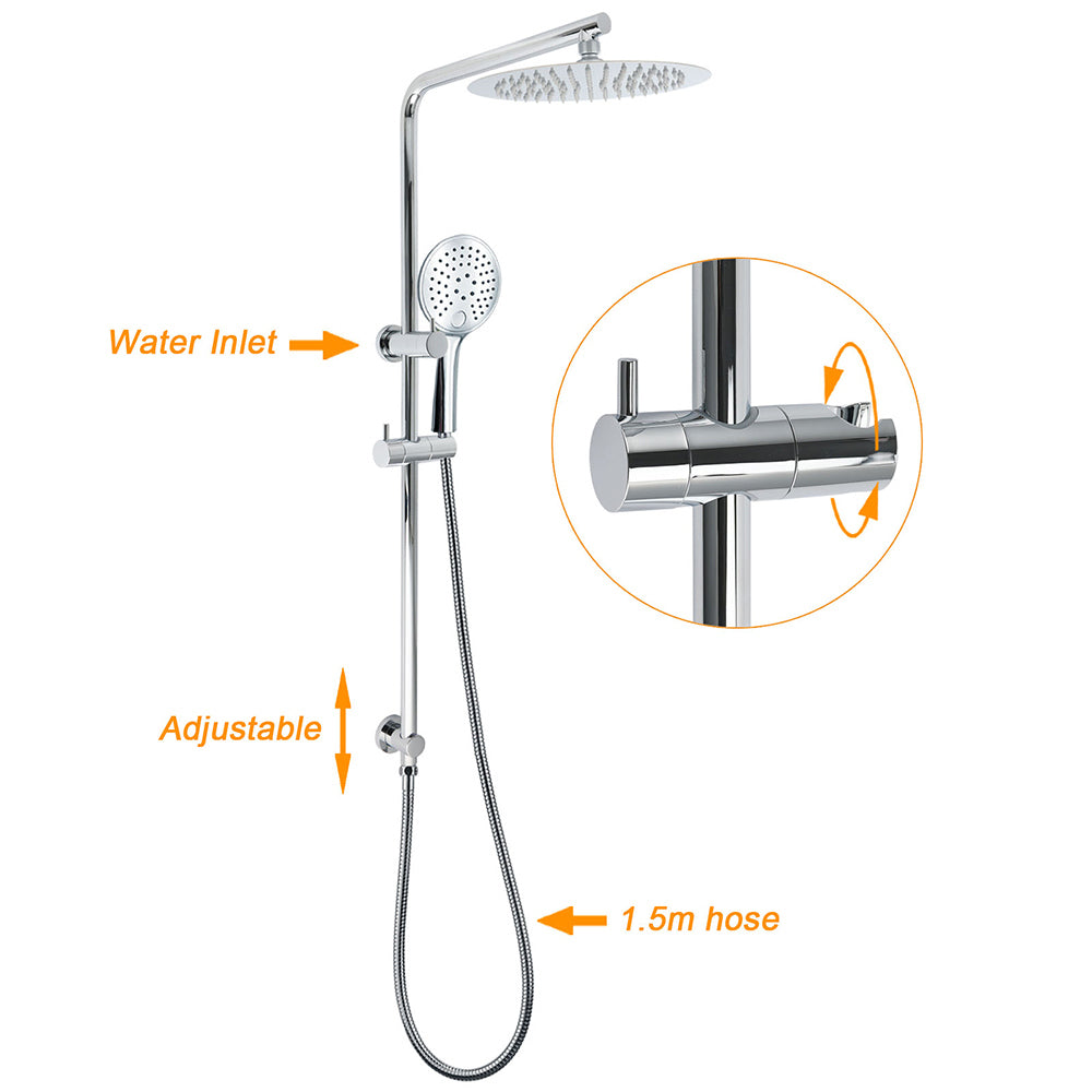 Chrome 250mm Rain Shower Head Round Handheld Sliding Rail Diverter Arm Twin Taps Set