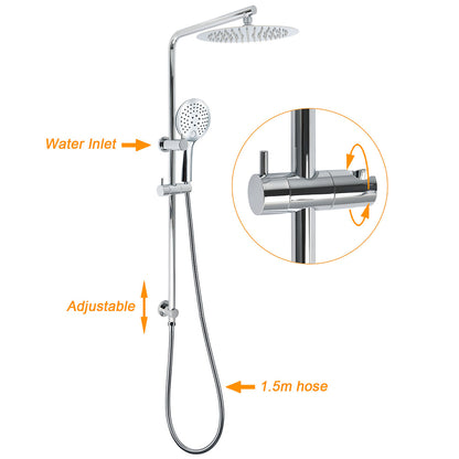 Chrome 250mm Rain Shower Head Round Handheld Sliding Rail Diverter Arm Twin Taps Set