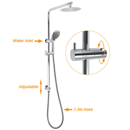 WELS Chrome Dual 8" Slim Rain Shower 5 Modes Rose Mixer Valve Sliding Rail Set + Mixer