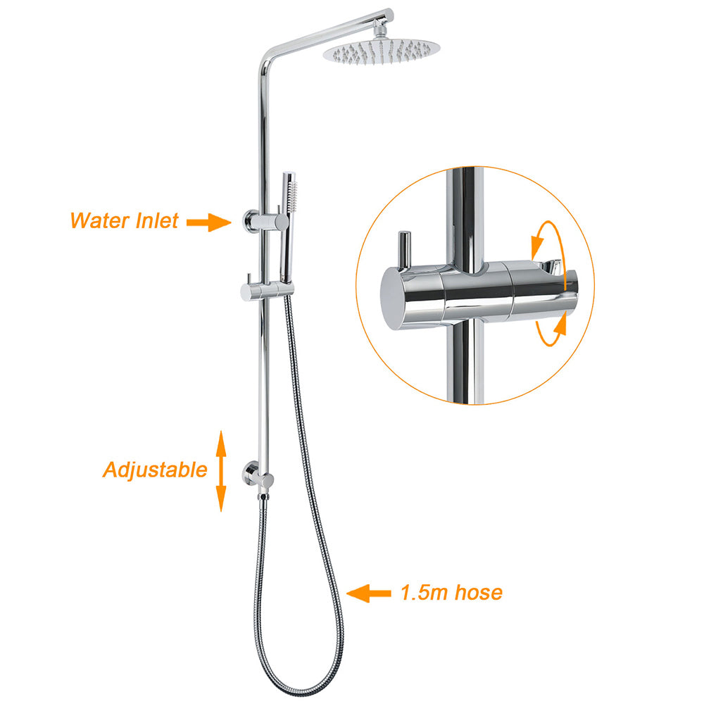 WELS Bathroom Round 8" Rain Shower Head Single Mode Brass Handheld Spray Rail Arm Set Twin Taps